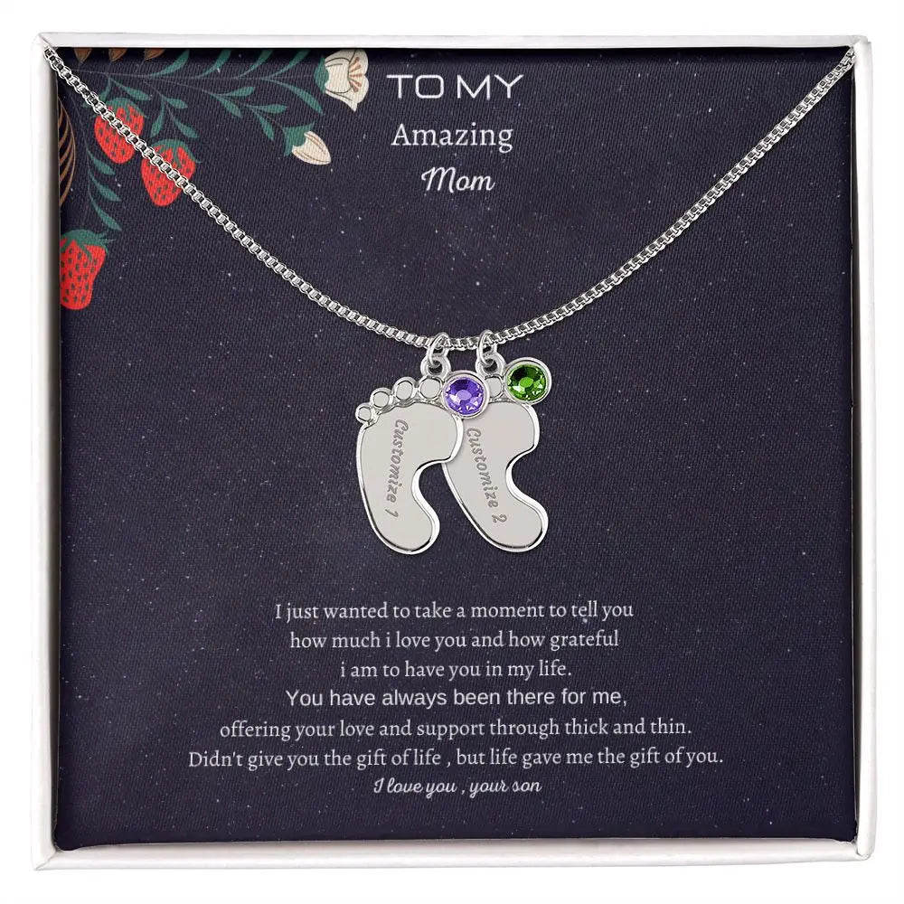 Gift to my amazing Mom Custom Baby Feet Necklace with Birthstone. ShineOn Fulfillment