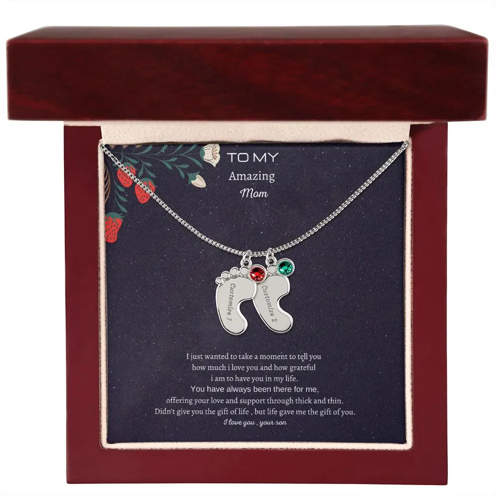 Gift to my amazing Mom Custom Baby Feet Necklace with Birthstone. ShineOn Fulfillment
