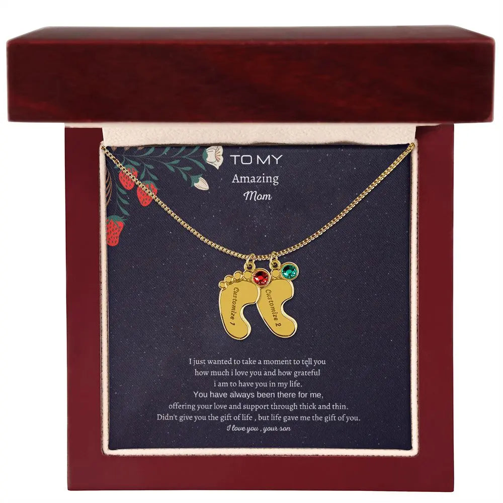 Gift to my amazing Mom Custom Baby Feet Necklace with Birthstone. ShineOn Fulfillment