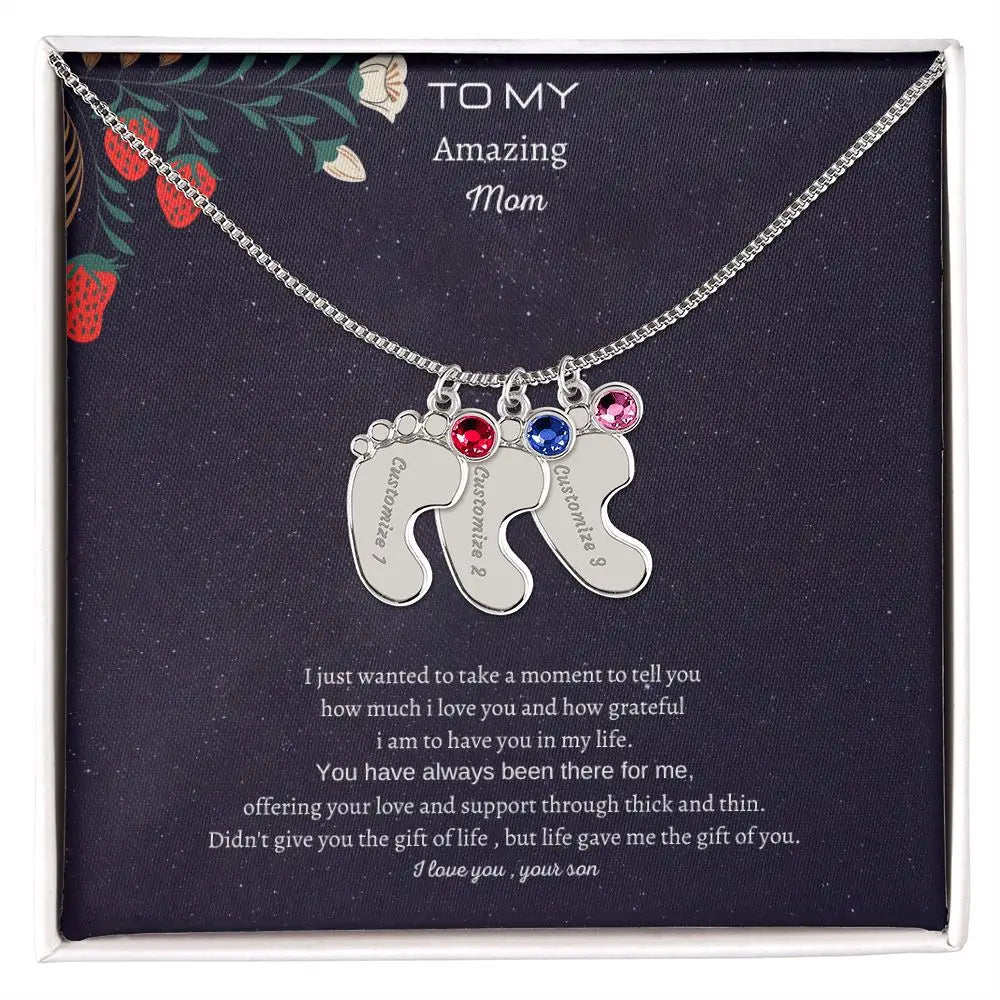 Gift to my amazing Mom Custom Baby Feet Necklace with Birthstone. ShineOn Fulfillment