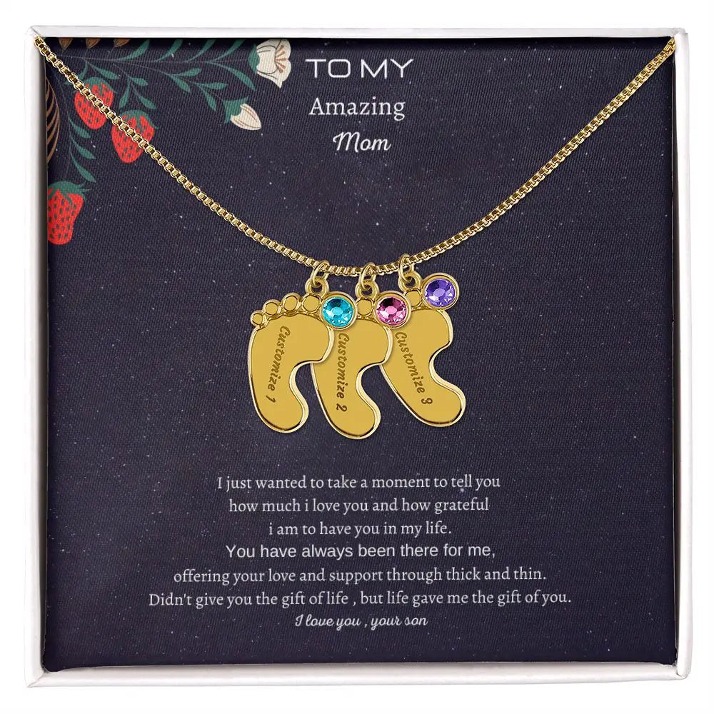 Gift to my amazing Mom Custom Baby Feet Necklace with Birthstone. ShineOn Fulfillment