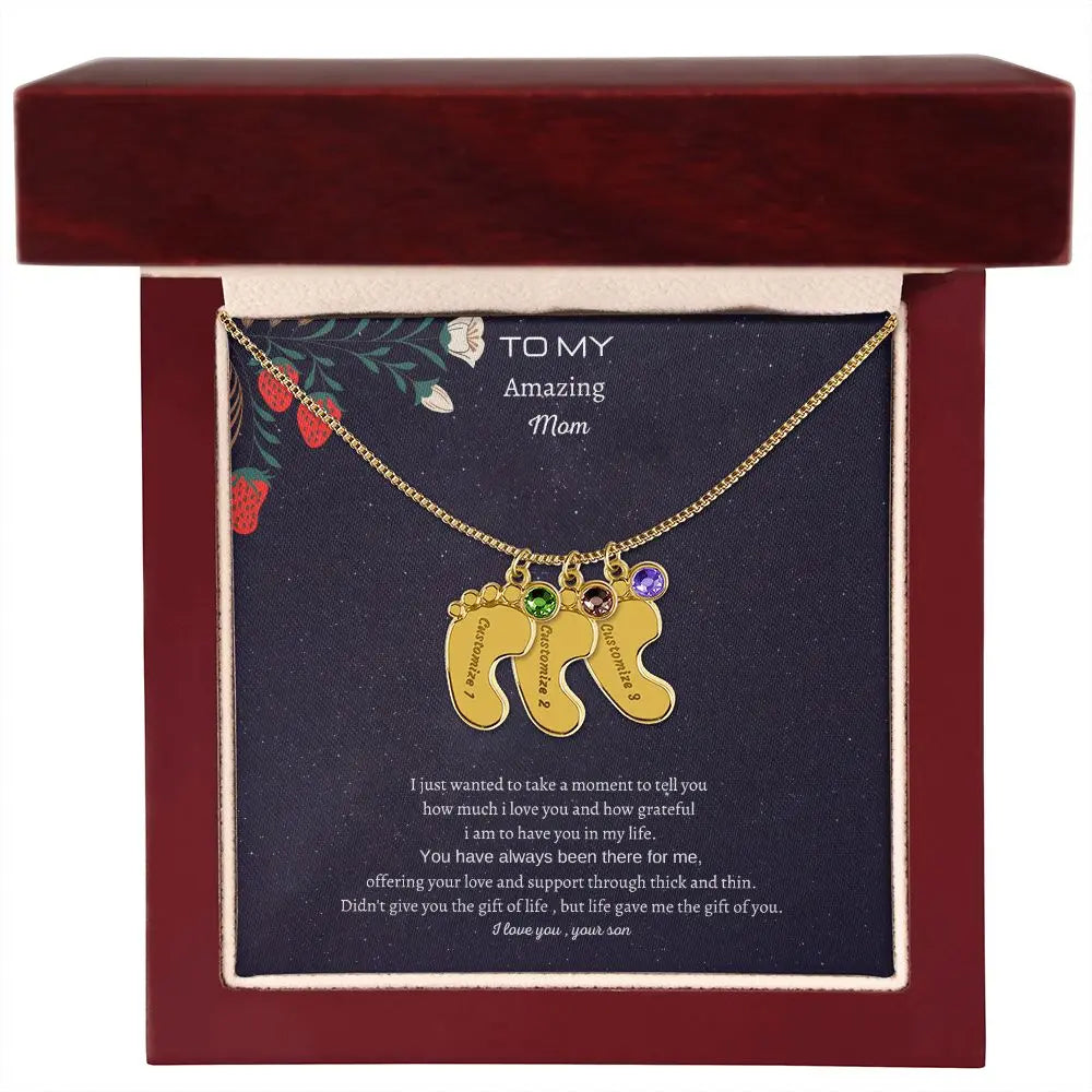 Gift to my amazing Mom Custom Baby Feet Necklace with Birthstone. ShineOn Fulfillment