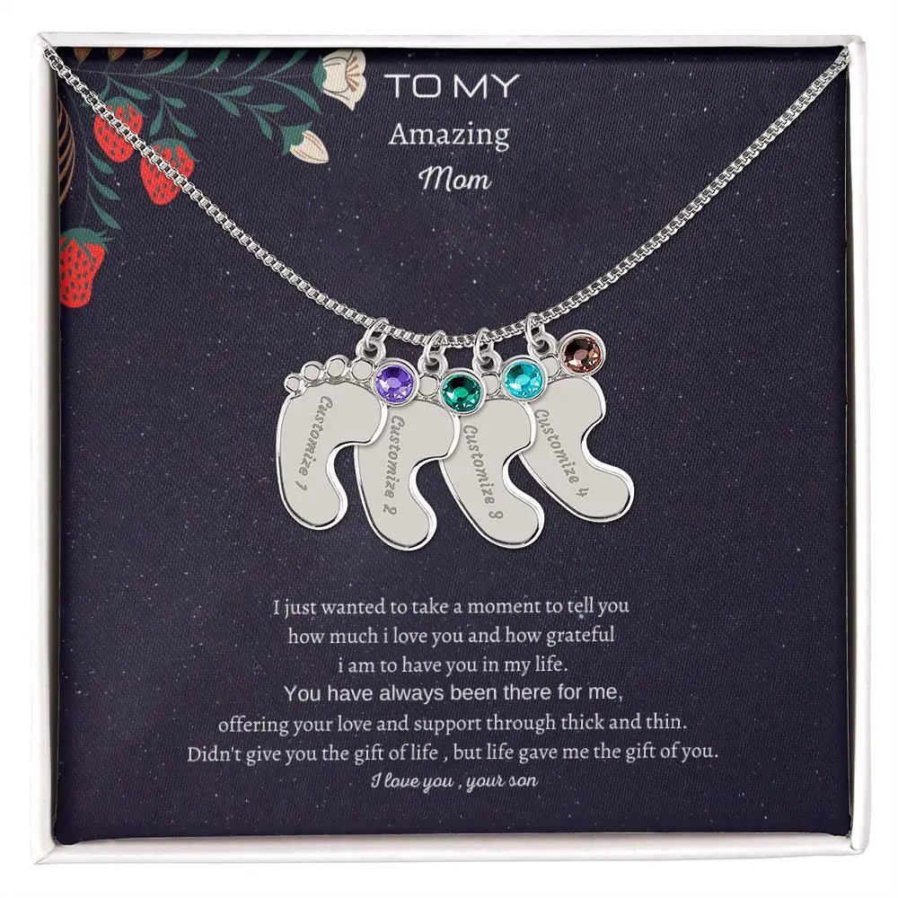 Gift to my amazing Mom Custom Baby Feet Necklace with Birthstone. ShineOn Fulfillment