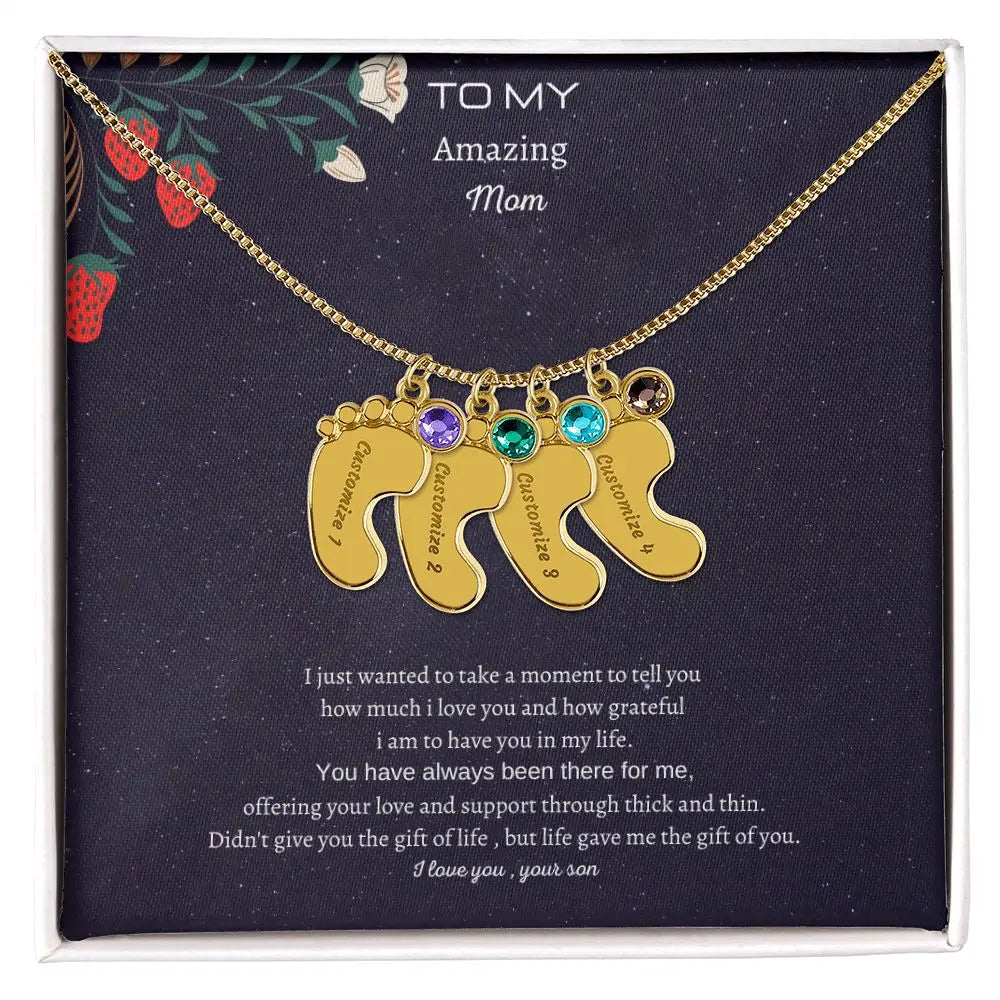 Gift to my amazing Mom Custom Baby Feet Necklace with Birthstone. ShineOn Fulfillment