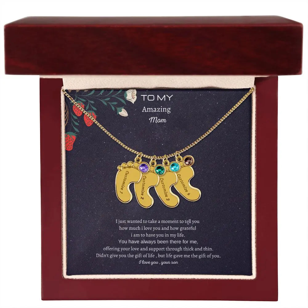 Gift to my amazing Mom Custom Baby Feet Necklace with Birthstone. ShineOn Fulfillment