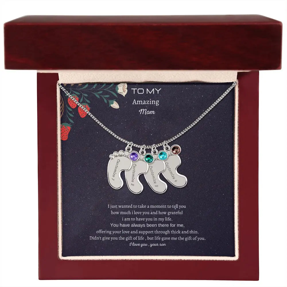 Gift to my amazing Mom Custom Baby Feet Necklace with Birthstone. ShineOn Fulfillment